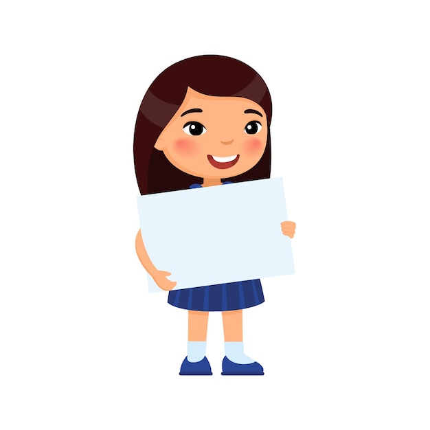 Vector little smiling girl holding empty banner cute school girl with blank paper sheet