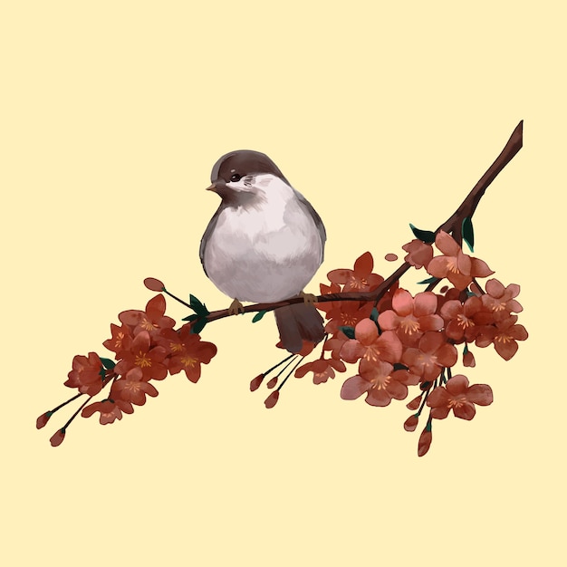 Vector little sparrow on the branch of red plum blossoms