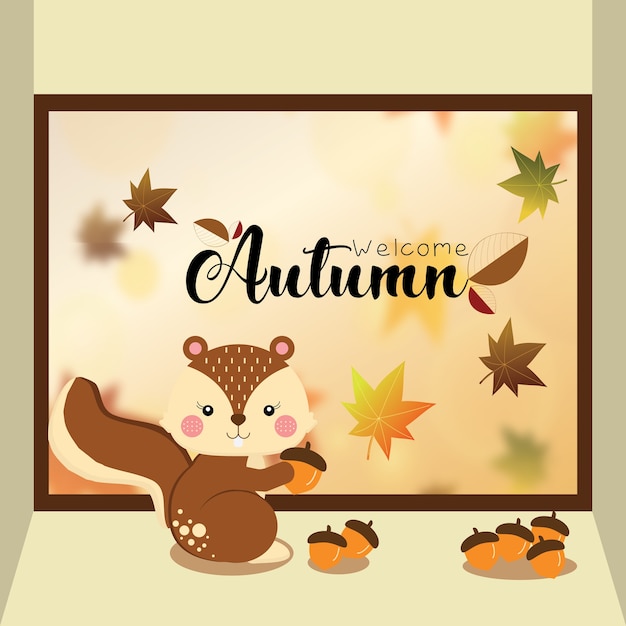 little squirrel in front of autumn window