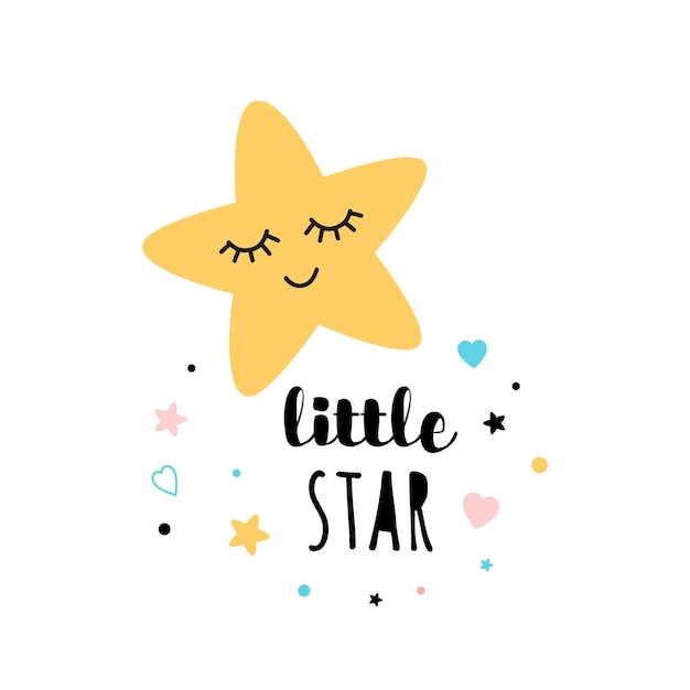 Little star text decorated star shape isolated on white background cute hand drawn poster for baby shower invitation template baby element banner for children birthday design vector illustration