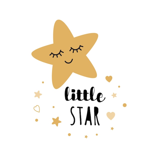 Vettore piccola stella testo con cuori stella d'oro carino per la decorazione parete della camera dei bambini baby shower modello di carta poster carino illustrazione vettoriale banner per bambini compleanno design logo etichetta segno stampa