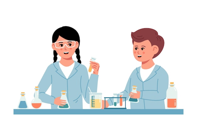 Little students doing chemical experiment chemistry laboratory little boy and girl scientist