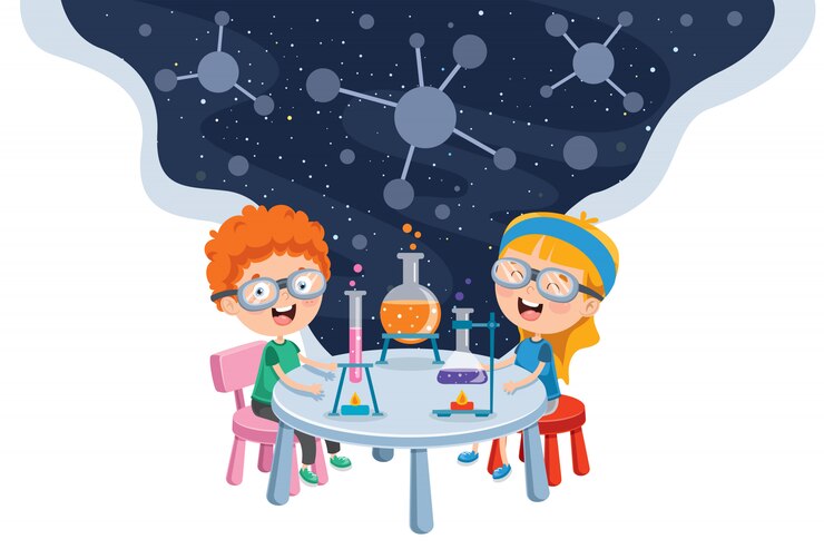 Vector little students doing chemical experiment