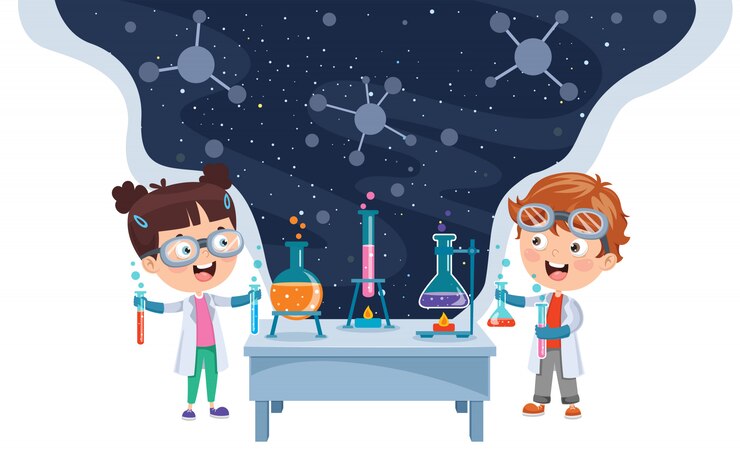 Vector little students doing chemical experiment