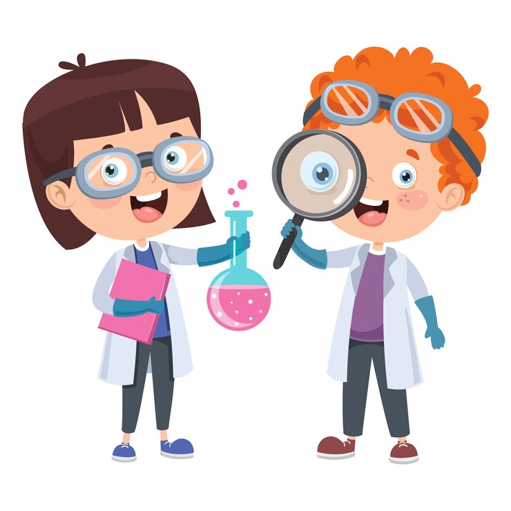 Vector little students doing chemical experiment