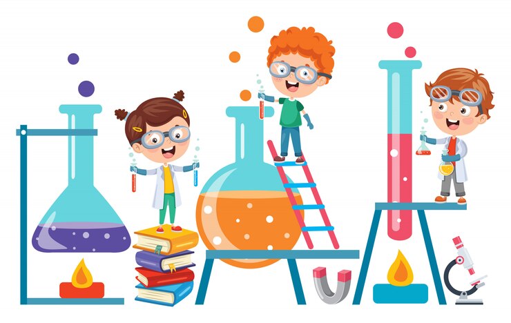 Vector little students doing chemical experiment