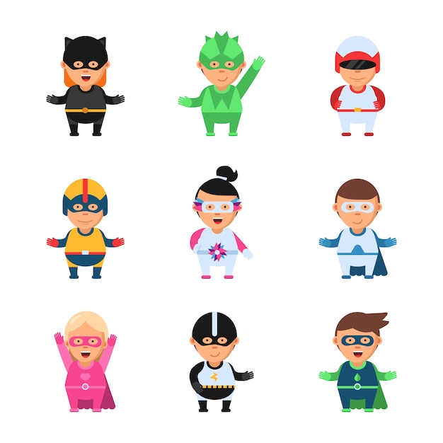 Little superheroes. hero comic cartoon 2d figures of kids in colored mask game toy sprite  characters isolated