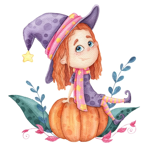Маленькая милая девочка-ведьма сидит на тыкве, детская иллюстрация для печати