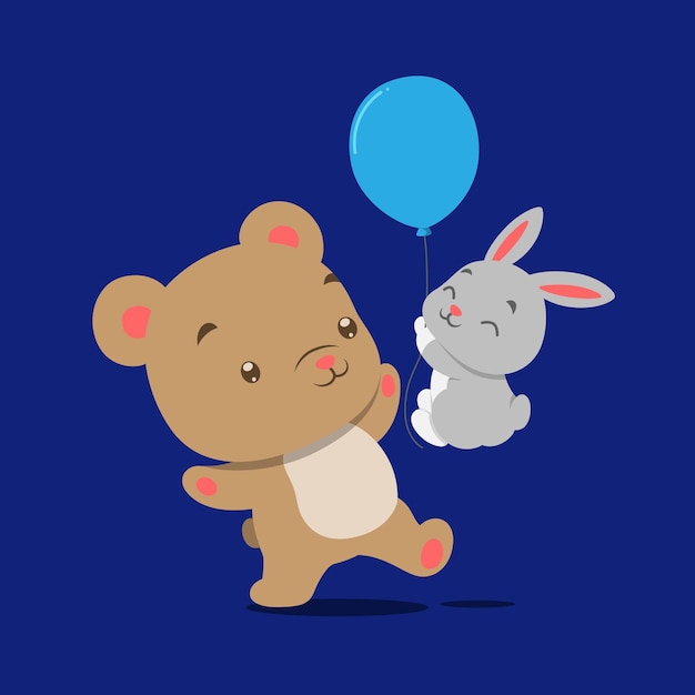 Little teddy bear playing and dancing with little rabbit holding blue balloon