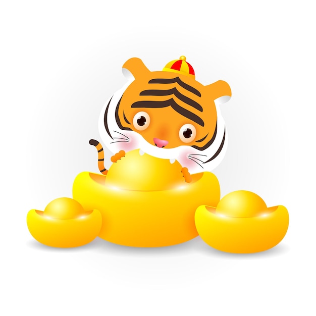 Little tiger holding chinese gold ingots