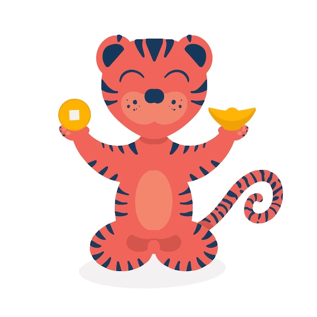 A little tiger holding a gold Chinese translation Fu means good fortune tiger