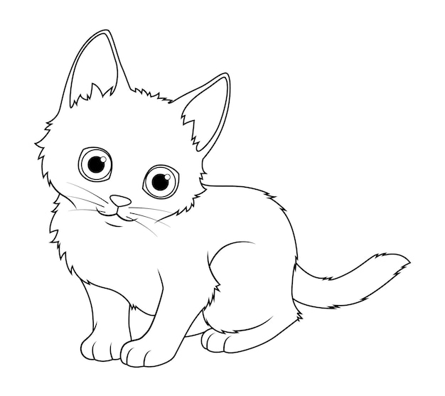 Little Turkish Angora Cat Cartoon Animal Illustration BW
