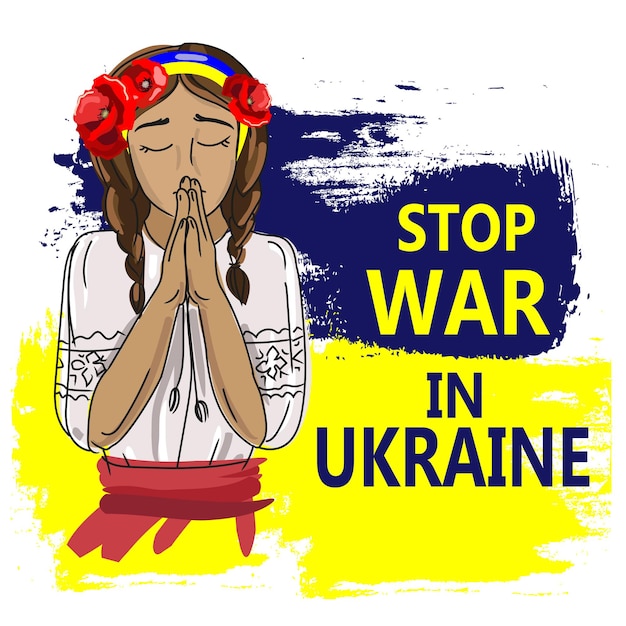 ベクトル 国民服を着た小さなウクライナの女の子は、ウクライナで戦争を停止すると言いますベクトルイラストが描かれました