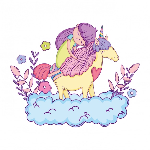 Vector little unicorn and princess in the clouds