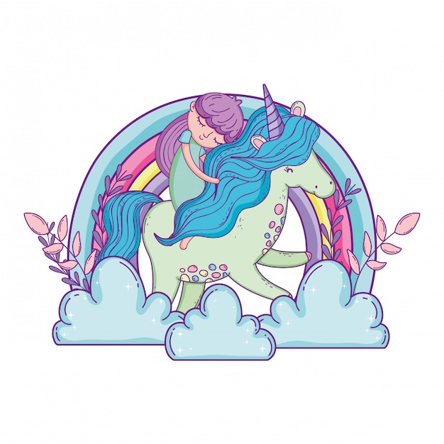 little unicorn and princess in the clouds