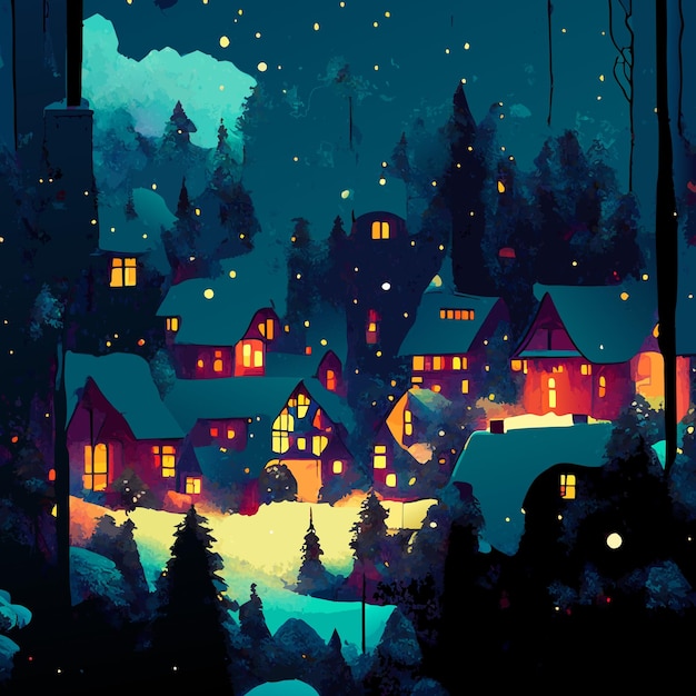 Vector a little village with luminous windows into the forest under snowfall