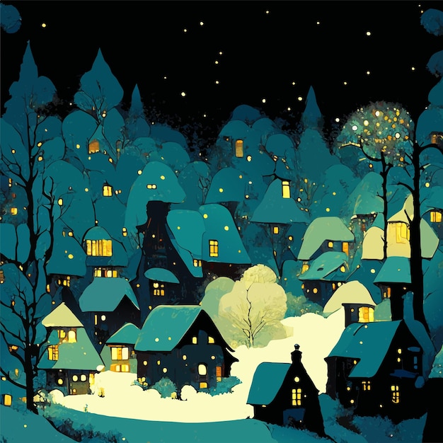 A little village with luminous windows into the forest under snowfall