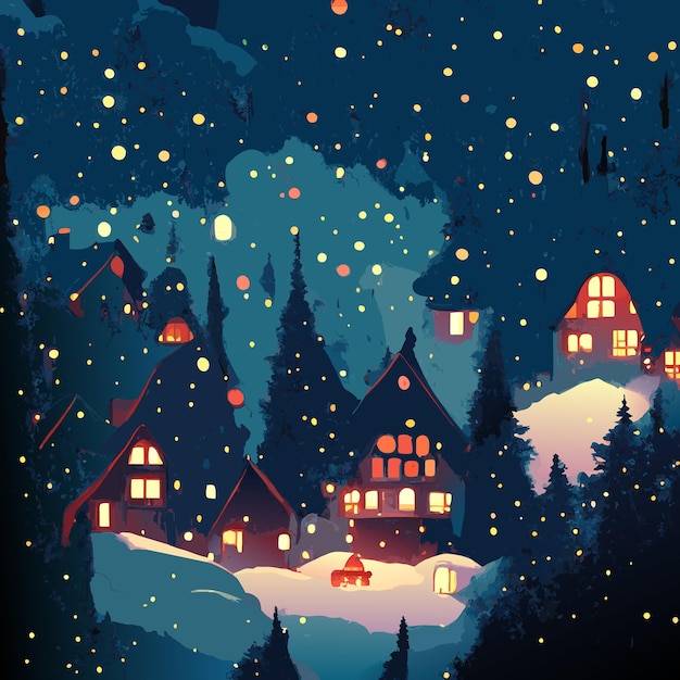 A little village with luminous windows into the forest under snowfall