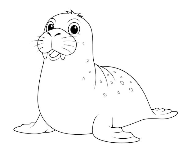 Little Walrus Cartoon Animal Illustration BW