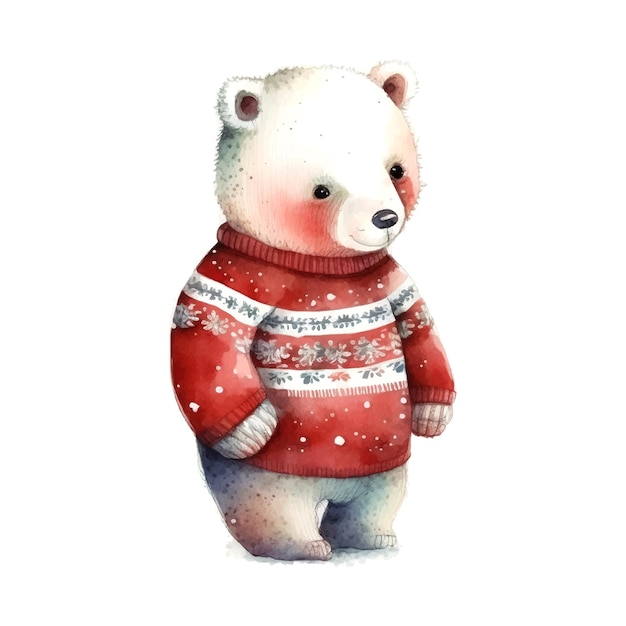 Little white bear christmas with red sweater watercolor christmas postcard baby postcard happy