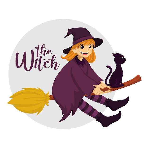 The little witch flying on a broomstick with black cat on halloween day