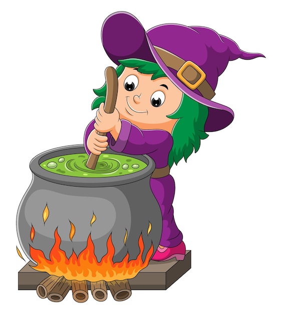 The little witch girl is mixing the potion on the pot of illustration