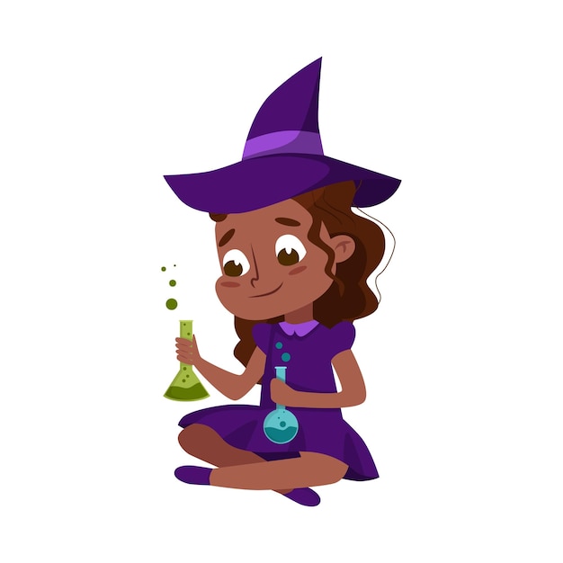 Vector little witch holding bottles with potion cute girl wearing purple dress and hat practicing witchcraft happy halloween concept cartoon style vector illustration