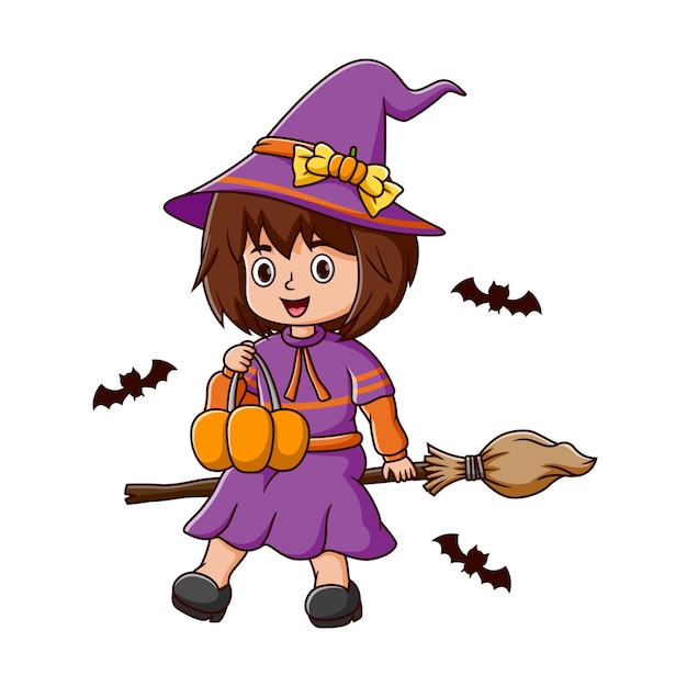 A little witch holding pumpkin flies on broom on white background vector