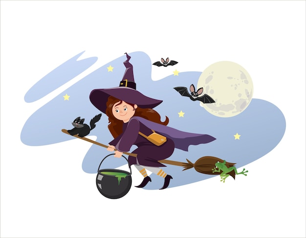 A little witch is flying on a broom against the background of the night with a cat and bats the bowl