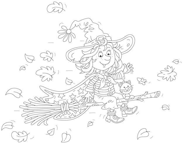 Little witch with a funny cat flying among falling and swirling autumn leaves on her magic broom