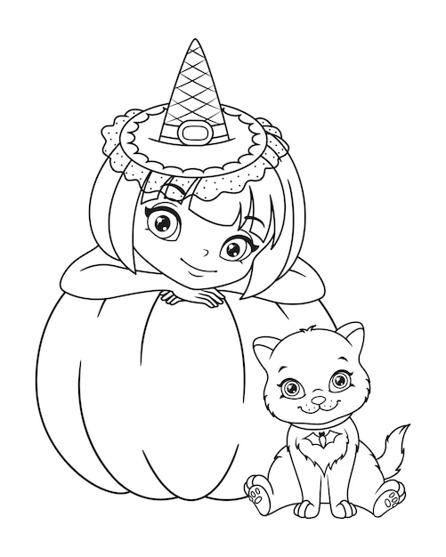 Little witch with kitten for Halloween coloring page. Outline cartoon vector illustration