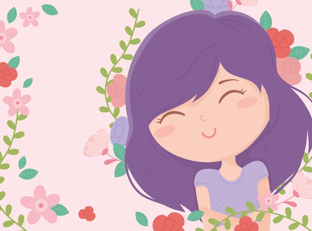 Little woman flowers foliage nature decoration cartoon