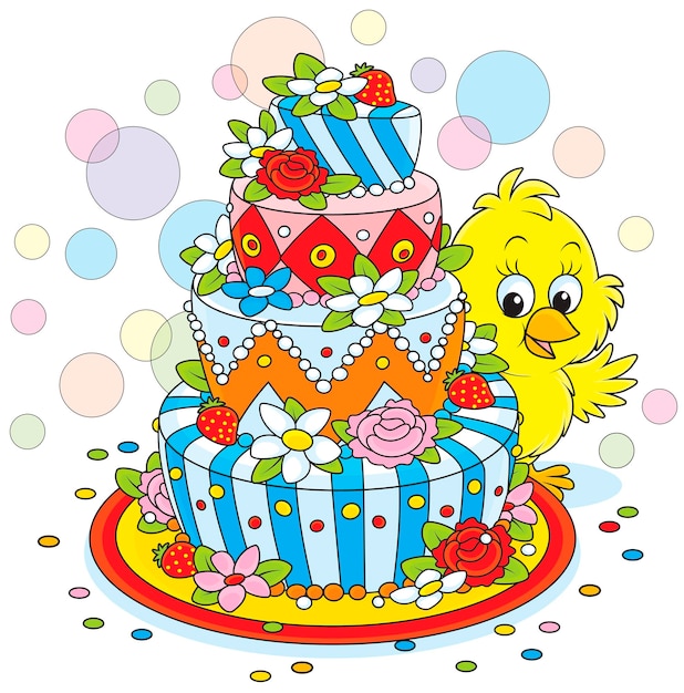 Little yellow Chick with a big fancy cake