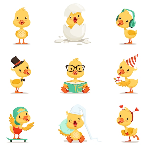 Little yellow duckling different emotions and situations set of cute emoji illustrations