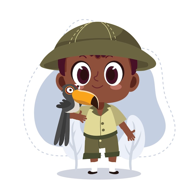 Vector little zookeeper african american boy with toucanvector cartoon character illustrationanimal loverzoo concept