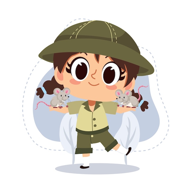 Vettore piccola ragazza del guardiano dello zoo con topi di topovettore cartone animato personaggio illustrazioneanimal loverzoo concept