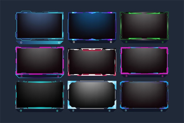 다채로운 선과 네온 효과가 있는 라이브 브로드캐스트 화면 패널 번들 디자인 어두운 화면이 있는 미래형 스트리밍 화면 프레임 세트 벡터 게이머를 위한 온라인 게임 오버레이 디자인 컬렉션