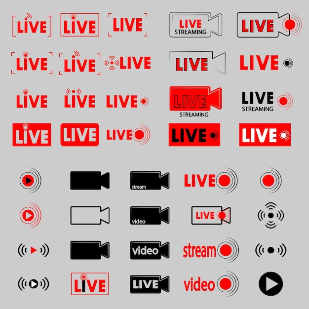 Live broadcast. Set of online streaming icons. Red symbols and buttons for live broadcast, online, broadcast, online stream. Red and black buttons for live and online applications. Online video button