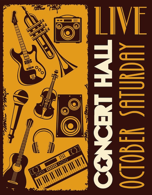 Vector live concert hall lettering poster with instruments