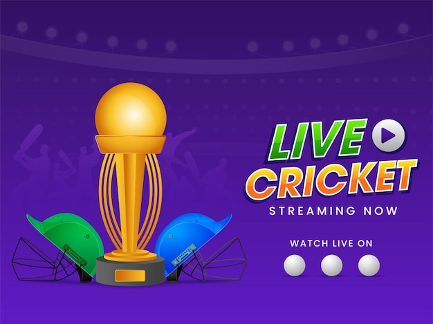 Live cricket streaming now poster design con golden trophy cup e partecipa a due caschi