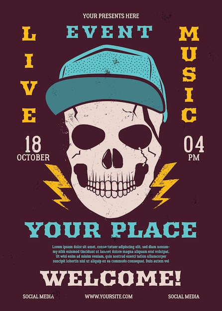 Live eventmusic flyer, music poster background template with trendy skull head. rock n roll background.