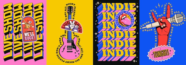 Vector live indie music show or rock music concert or party poster set with electric guitar