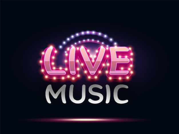 Vector live music 3d style typography with disco light and bulb in black background