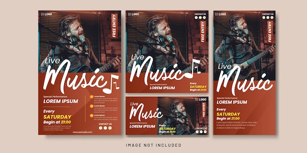 Vector live music brown flyer and social media bundle set