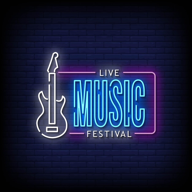 Vector live music festival neon signboard on brick wall