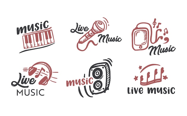 Live music lettering isolated on white background, black text font typography with brown design elements headphones, microphone, callighraphic hand writing inscription. vector illustration, set