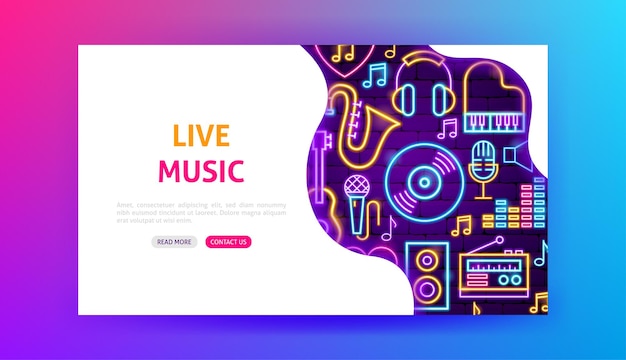 Vector live music neon landing page. vector illustration of sound promotion.