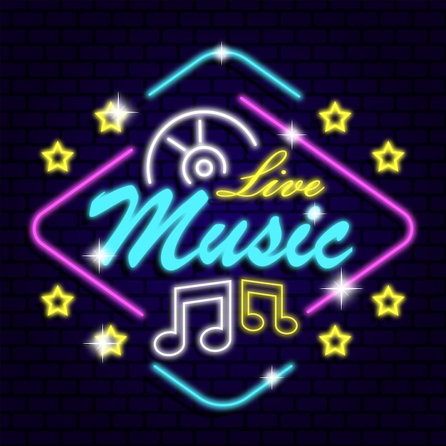 Live music night neon signs style glow effect logo typography lettering background banner