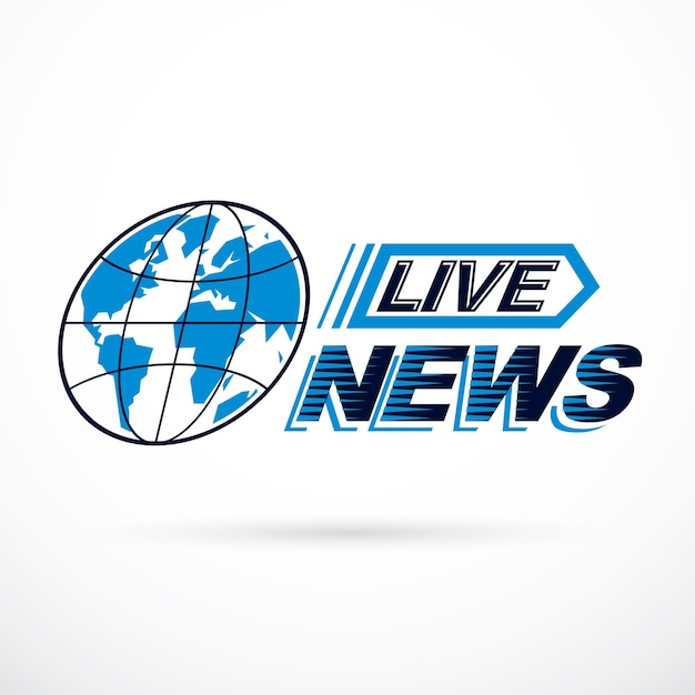 Live news inscription, journalism theme vector logo created with blue Earth planet illustration.