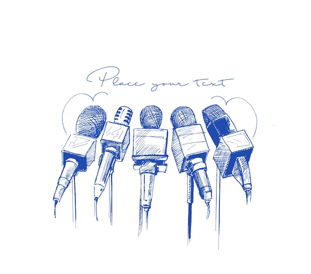 Vector live news template with microphone journalism concept hand drawn sketch vector illustration